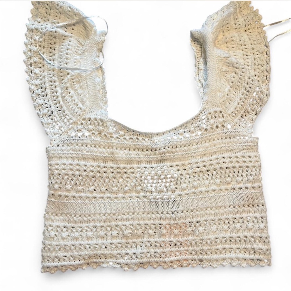 Cream Bohemian Crochet Cropped Top Ruffled Sleeves Lace Blouse Beach Cover Up